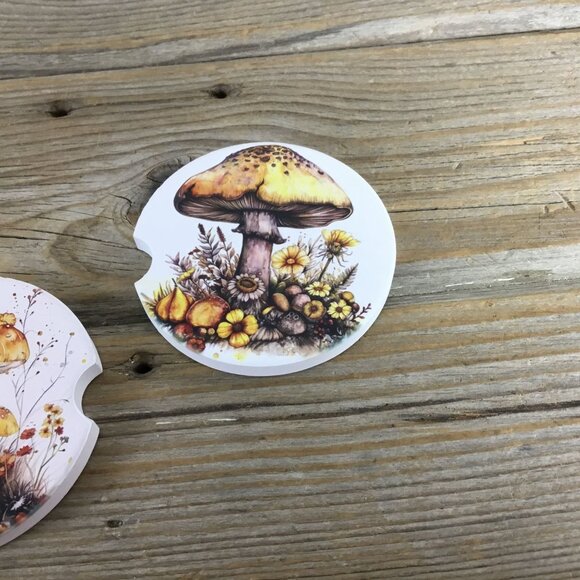 Woodland Mushroom and Flowers Set of 2 Car Coasters - Picture 3 of 5